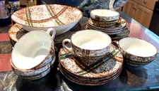 Vtg SET of 24 Blue Ridge Pottery Rustic Plaid Dinner Service for 5+ Bowl Nice!