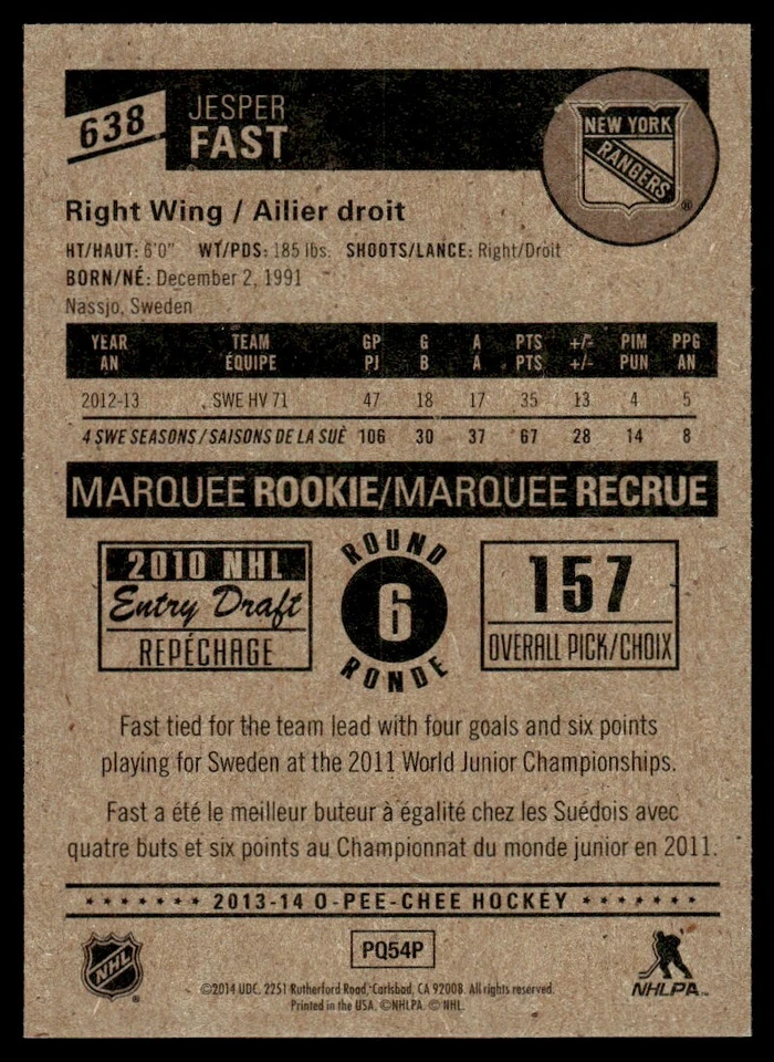 2013-14 O-Pee-Chee Update Jesper Fast Rookie New York Rangers #638 - Image 2 of 2