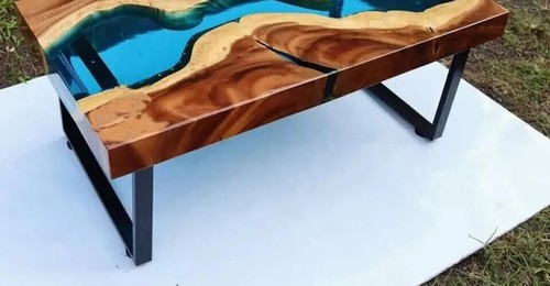 Clear Blue Epoxy River Dining Table Handmade Natural Acacia Wooden Handmade Arts - Picture 5 of 9