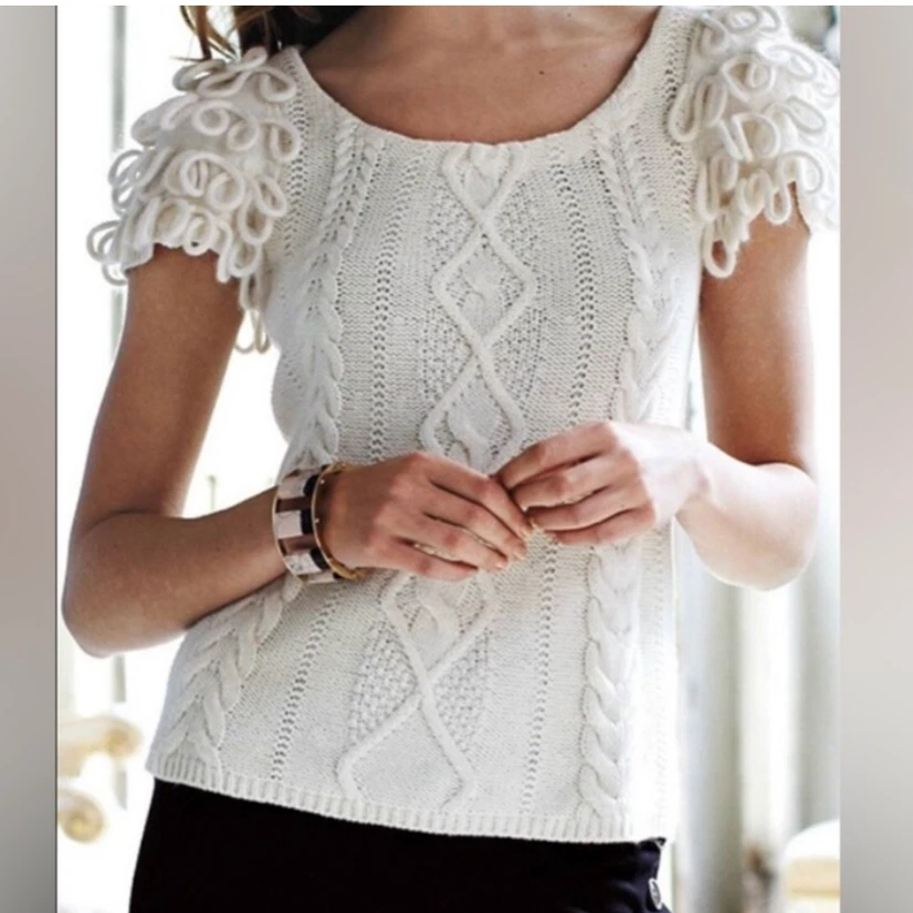 Suéter Pullover HWR Anthropologie Charretera Corto Slv Cable Tejido Crema S Foto 3 de 4