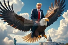 PRESIDENT DONALD TRUMP RIDING AN AMERICAN BALD EAGLE PATRIOTIC 4X6 AI POSTCARD