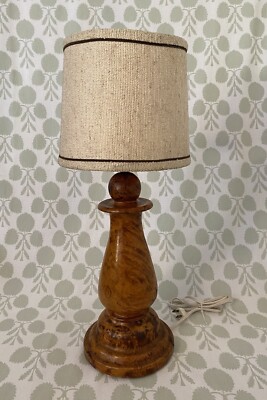 Vintage Burl Hand Turned Carved Wood Lamp Mid-Century Desk Table with  Lampshade