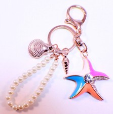 Rhinestone Bling Key Chain Fob Purse Phone Charm Seashells And Starfish