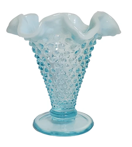 Vintage 1940's Fenton Hobnail Blue Opalescent Ruffled 4" Trumpet Vase