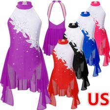 Girls Ice Skating Dress Shiny Ballet Dance Gym Leotard Mesh Splice Tutu Skirt