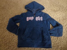 GAP girl's EUC sz S navy blue LS hooded zip up jacket w/pink white accents