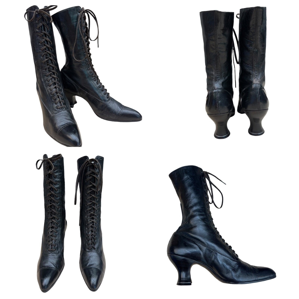 Original Vintage 1910s-1920s Black Lace Up Louis Heel Boots