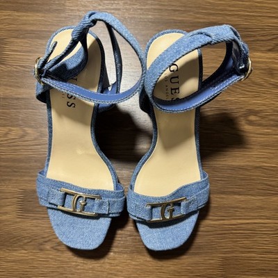 Guess Yapplea Denim Ankle Strap Heeled Sandals Women Size 6M Blue