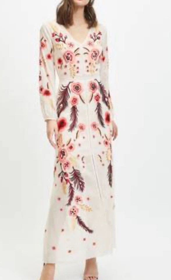 Miss Selfridge Long Sleeve Maxi Dress With Floral & Feather Embroidery BOHO - Image 4 of 4