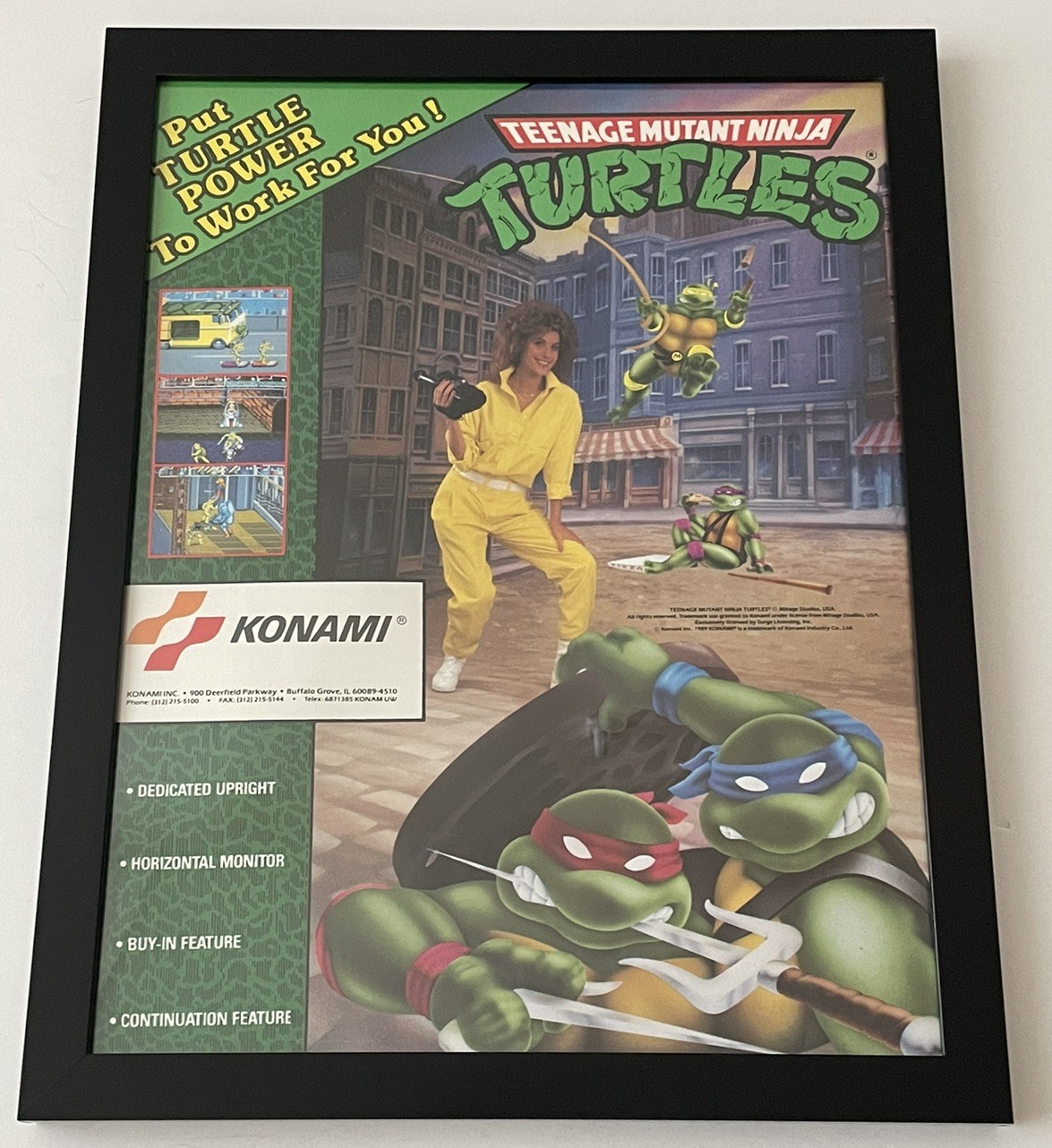 VTG 1991 TMNT Arcade Framed Ad Flyer MINI Poster 8.5x10 Original Konami 2-Sided