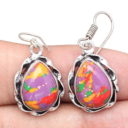 Rainbow Calsilica Gemstone Gift For Her Silver Jewelry Earrings 1.5"