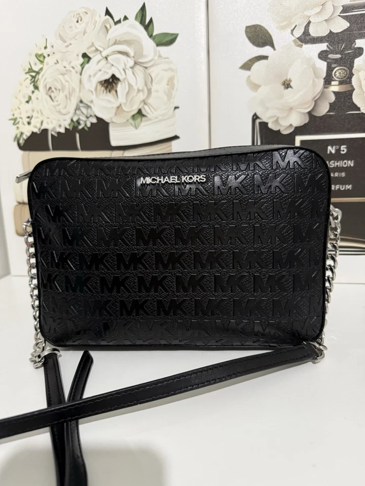 Women’s Michael Kors Black Leather MK Monogram  Crossbody Bag Silver Chain Strap, photo 3 of 5