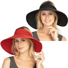 2 PCS Women Sun Visor Hats Beach - Foldable Roll Up Wide Brim Bowknot Summer ...