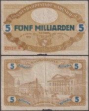 Germany - Karlsruhe, 5 Milliarden Mark, 1923, VF++ (bottom edge notch)