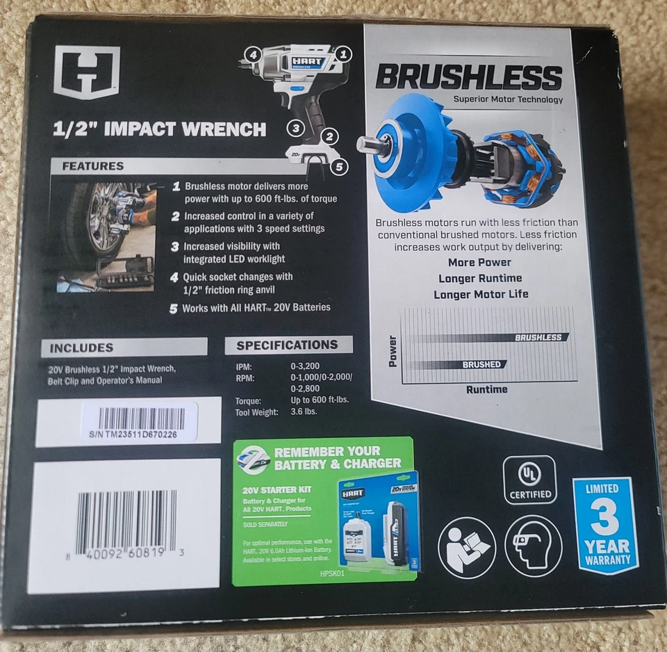 HART HPIW25 20V Brushless 1/2-inch 1/2" Impact Wrench ( Tool Only ) NEW - Image 2 of 4