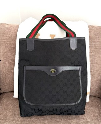 Gucci authentic shopper tote bag black monogram canvas ribbon Red Green handles