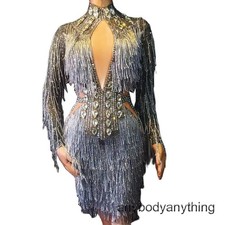 Women Sparkly Rhinestones Fringes Jumpsuit Dance Costume Bodysuit Stage Wear