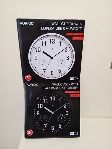 AURIOL Wall Clock With Temperature & Humidity 25x4cm - White Or Black Face - Picture 1 of 7