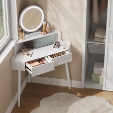 Woltu Corner Dressing Table Vanity Makeup Desk with Mirror LED Lights 2 Drawers