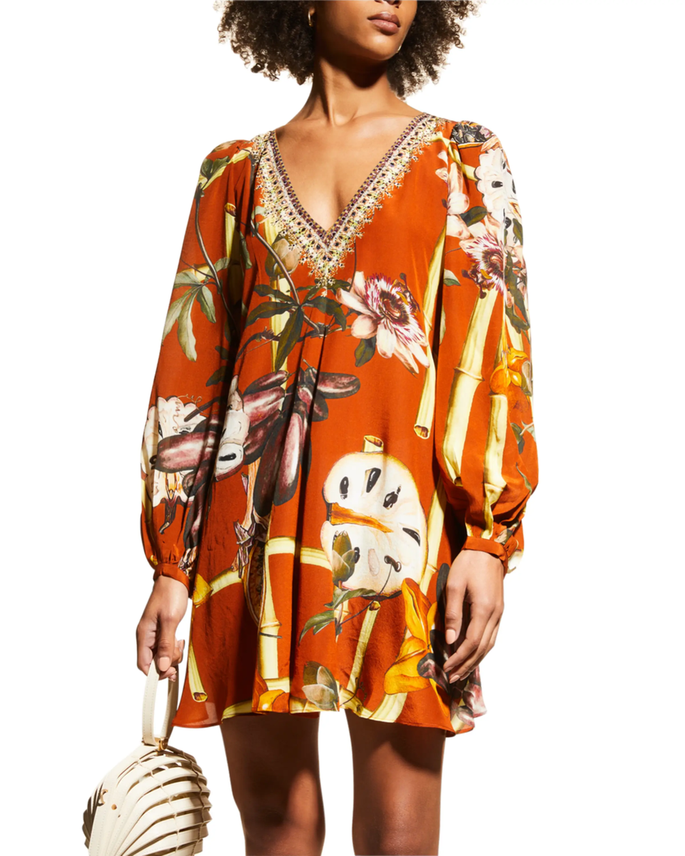 CAMILLA Dress Womens XL Silk Brown Floral Garden of Eve V Neck