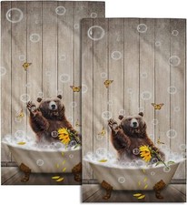 Funny Bear Hand Towels Set of 2 Brown Bathtub Decorative Bath Brown Bears