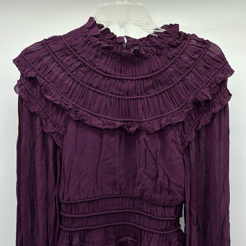 Farm Rio Size XXS Purple Smocked Long Sleeve Mock Neck Ruffled Peplum Top NWOT - Picture 5 of 13