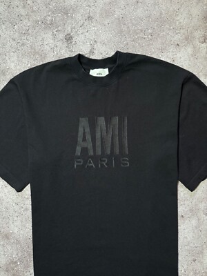 AMI Paris Black 100% Cotton Big Embroidered Logo T-shirt Men's