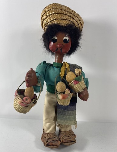 Old Vintage Doll Standing Fruit Basket 11" Doll Folk Art Collectible Display 