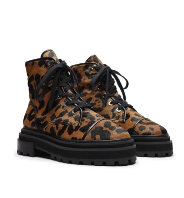 $168 SCHUTZ Maylova Leopard Cow Hair Combat Women's Bootie size NEW