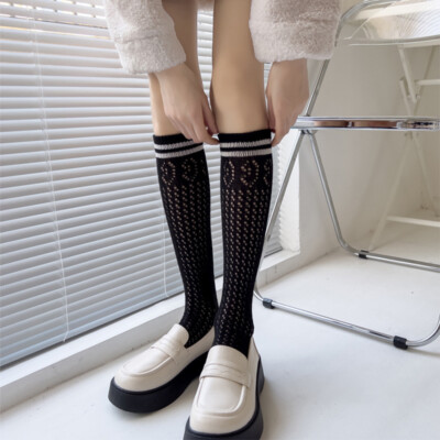 White Mid-thigh Socks Hollow Vertical Stripes Socks Japanese Jk 