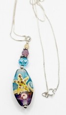 Aqua Ocean Wave Necklace Sterling Silver Starfish Nautical Lampwork Pendant