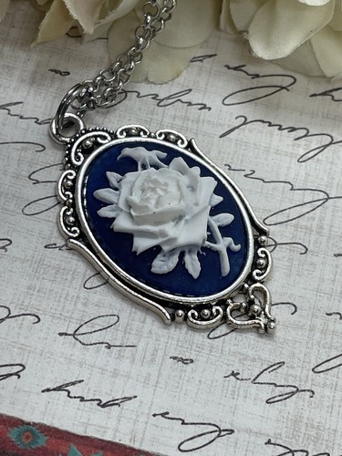 Silver Navy Blue Celtic Irish Rose Heart Wedding Jewelry Birthday necklace Cameo - Picture 3 of 10