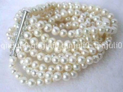 Fashion Natural 8 rows 6-7mm white freshwater pearl bracelet 7.5" - Image 1 of 3