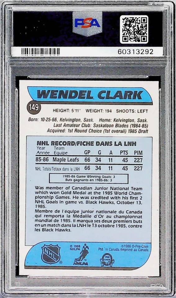 Tarjeta coleccionable 1986 O-Pee-Chee Hockey Wendel Clark Maple Leafs #149 PSA 9 como nueva Foto 2 de 2