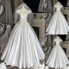 Vintage Wedding Dresses Off the Shoulder Beaded White Ivory Satin Bridal Gowns