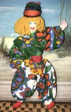 Folk Art Cloth Doll Yarn Woman Dancing Floral 7.5” Vintage Hand Sewn Made