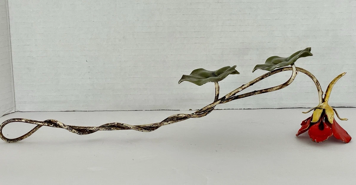 Vintage METAL TOLE Rose Flower TABLETOP CANDLE HOLDER Painted