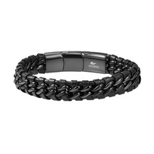 Men's Braided Genuine Leather Link Steel Chain Bracelet Black