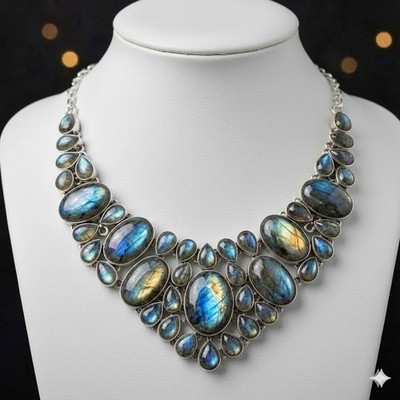 Natural Labradorite Gemstone Necklace 925 Sterling Silver Blue Fire Jewelry 18''