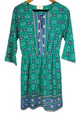 Everly Geometric Pattern Turquoise 3/4 Sleeve Shift Dress Women’s Small Boho