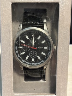 IL VENTO Men's Chronograph Analog Watch Black Leather Band Silver Case.