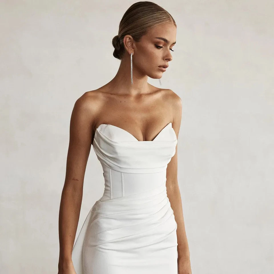 Elegant Sweetheart Mermaid Wedding Dresses Detachable Train Satin Bridal Gowns - Image 3 of 4