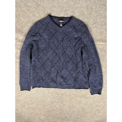 Bowen & Wrights Mens Blue 100% Shetland Wool V-Neck Diamond Knit Sweater Large