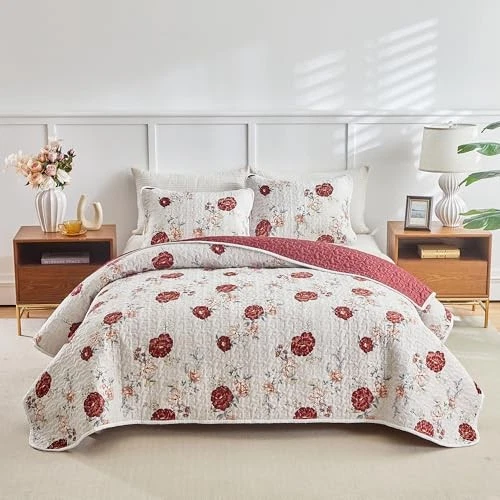 Floral Quilt Set 3 Pieces Queen (88"x88", 1 Quilt+2 Pillow Shams) Red Rose - Image 2 of 4