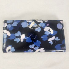 Kate Spade Wallet Billfold Blue Flowers Floral Print Black Ivory Stripe Snap Zip