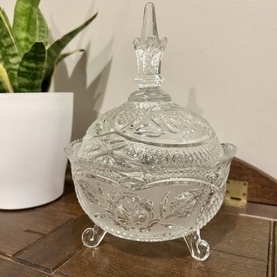 VTG Large Glass Candy Dish Beautiful Floral & Leaves Design Domed Lid Four Legs 
