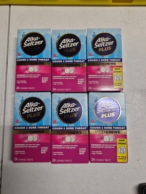 Lot 6 Alka Seltzer Plus Cough & Sore Throat Raspberry Flavor 24 Each Box