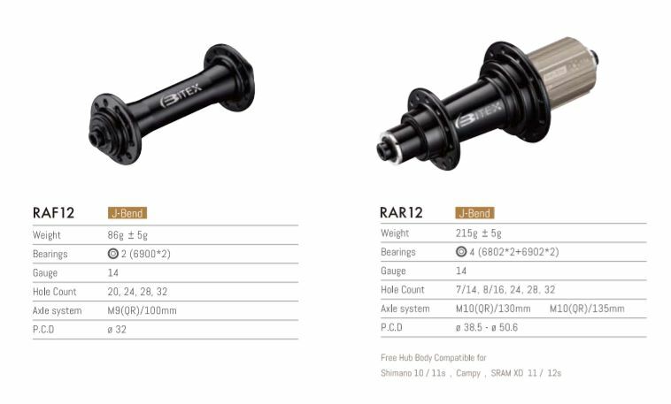 Bitex RAR12 RAF12 J-Bend Hubs Rear or Front or Pair 20H 24H (1:1