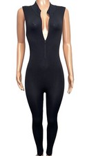 Black Ribbed Seamless Stretch Zipper Catsuit Jumpsuit Nwt Active Wear Costume