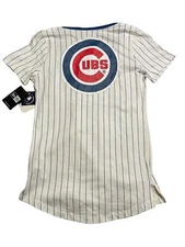 Chicago Cubs MLB New Era White Striped V-Neck Glitter SS Shirt Womens Medium